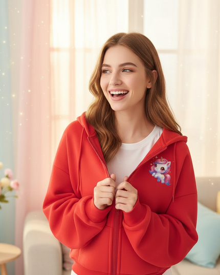 red kawaii unicorn zip hoodie - in-use