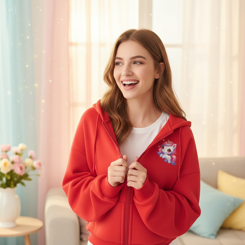 red kawaii unicorn zip hoodie - in-use