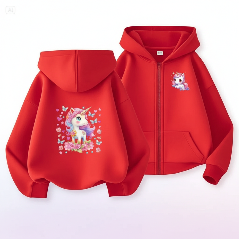 red kawaii unicorn zip hoodie - white-bg