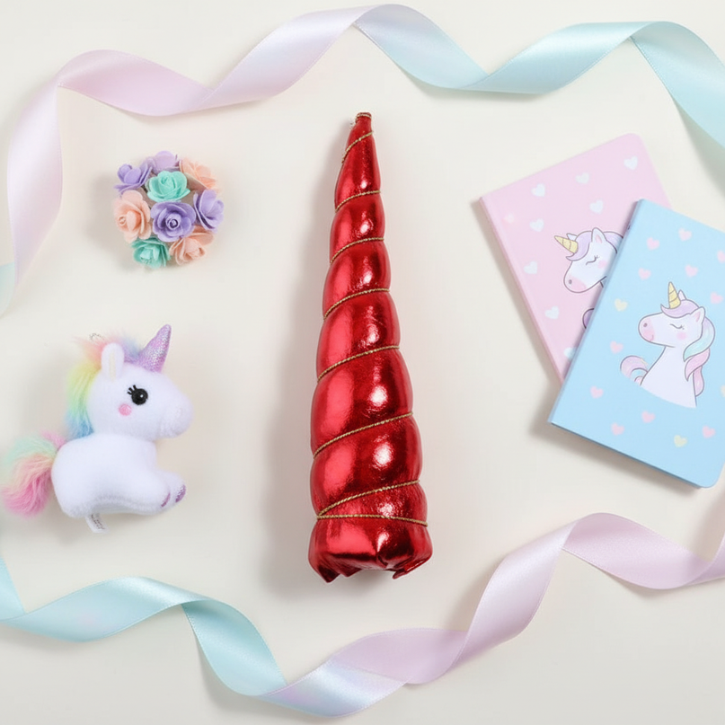red metallic unicorn horn set - flat-lay