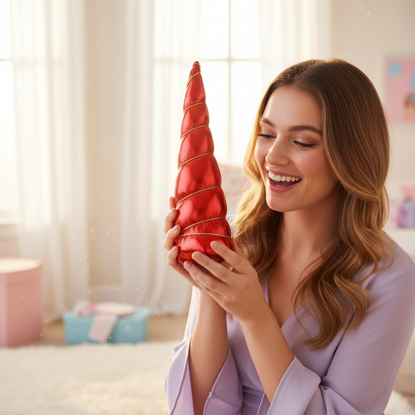 red metallic unicorn horn set - in-use