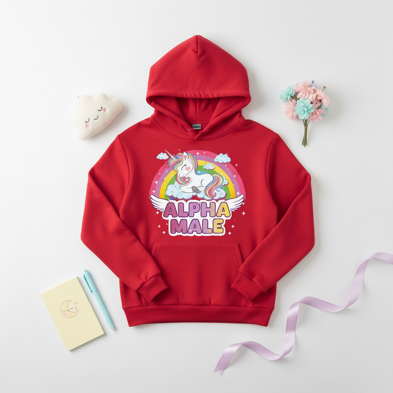 red sleeping alpha male hoodie - flat-lay