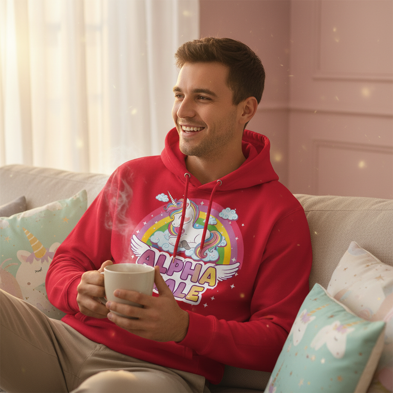 red sleeping alpha male hoodie - in-use