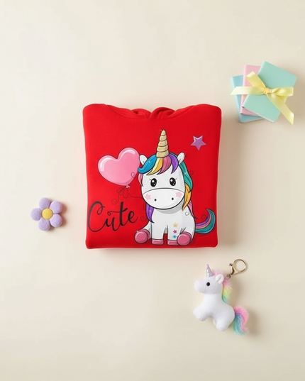 red unicorn balloon hoodie kids - flat-lay
