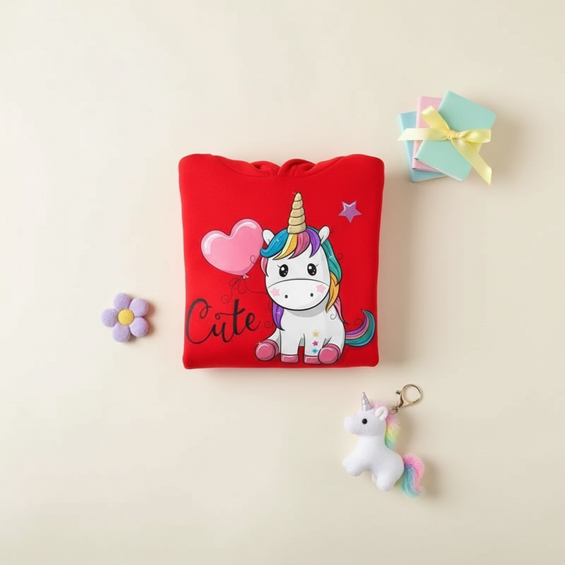 red unicorn balloon hoodie kids - flat-lay