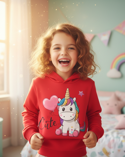 red unicorn balloon hoodie kids - in-use