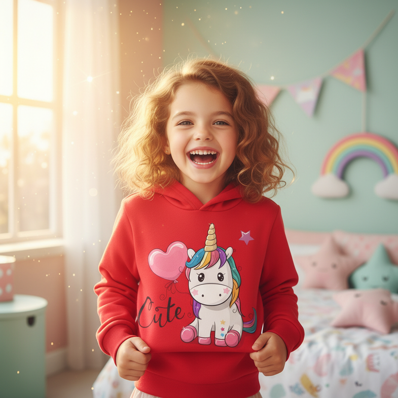 red unicorn balloon hoodie kids - in-use