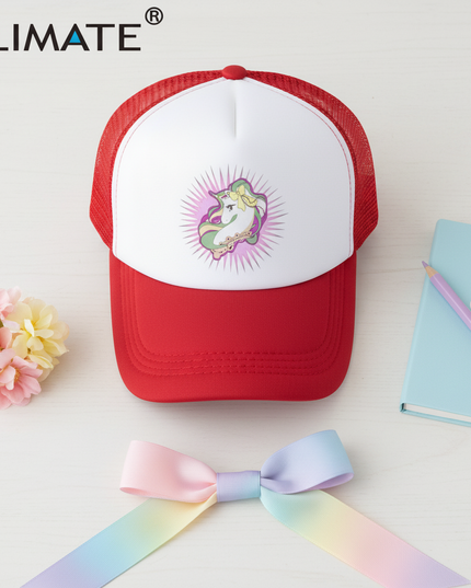 red unicorn cap - flat-lay
