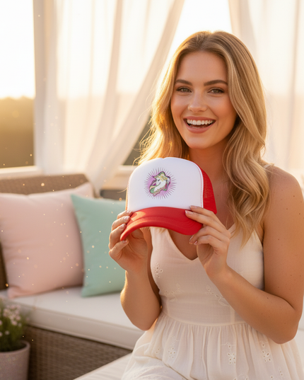 red unicorn cap - in-use