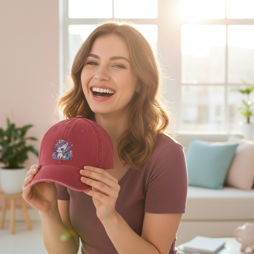 red unicorn hat - in-use