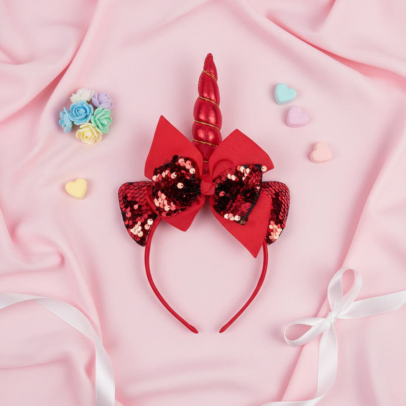 red unicorn headband for party - flat-lay