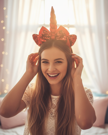 red unicorn headband for party - in-use