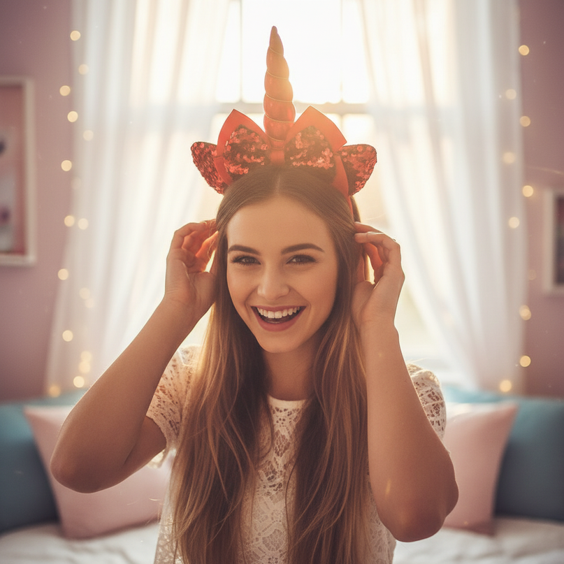 red unicorn headband for party - in-use
