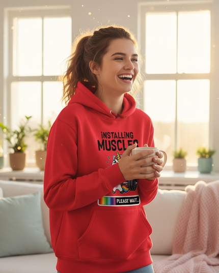 red unicorn hoodie adult - in-use