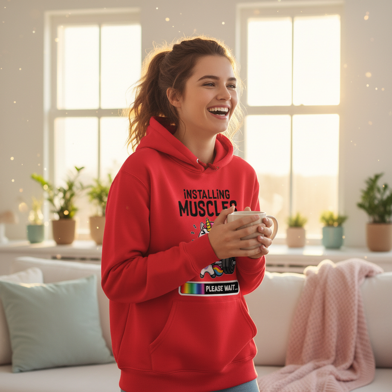 red unicorn hoodie adult - in-use