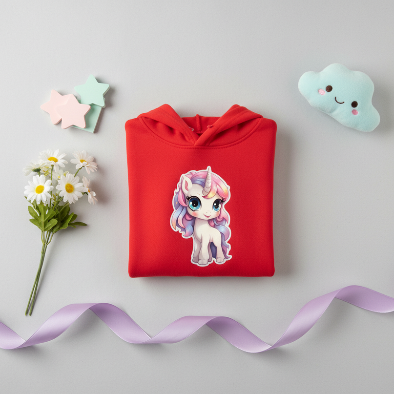 red unicorn hoodie girls - flat-lay