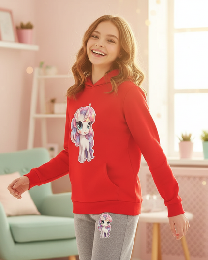 red unicorn hoodie girls - in-use