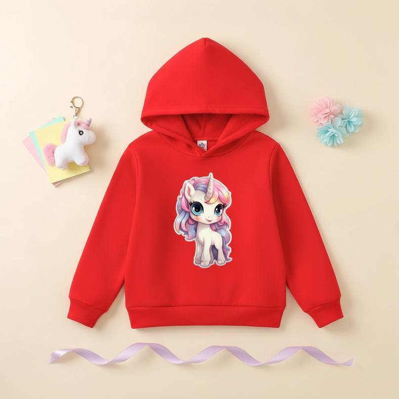 red unicorn hoodie kids - flat-lay