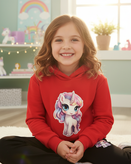 red unicorn hoodie kids - in-use