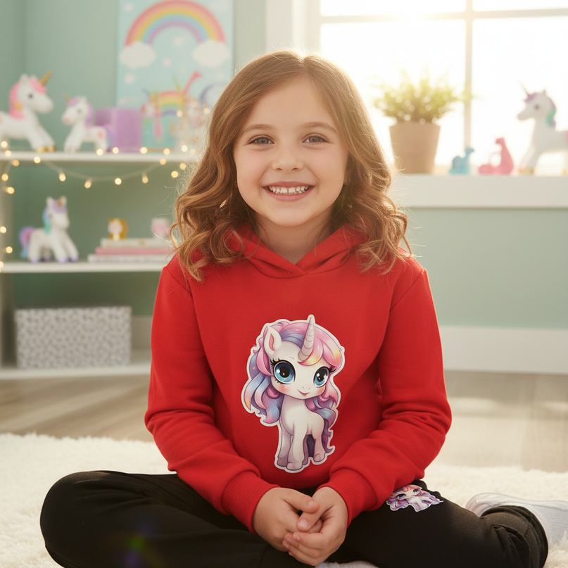 red unicorn hoodie kids - in-use