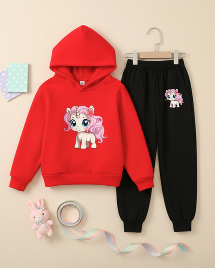 red unicorn hoodie set - flat-lay