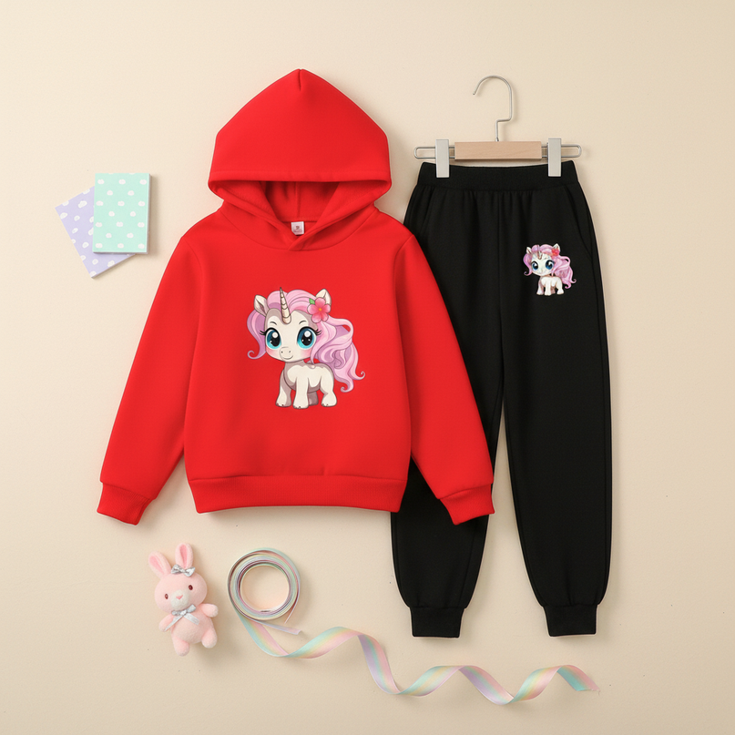 red unicorn hoodie set - flat-lay