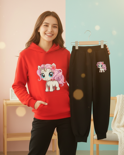 red unicorn hoodie set - in-use