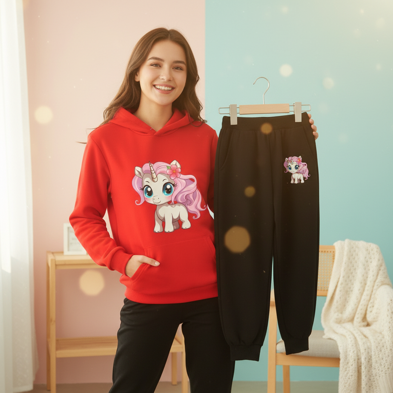 red unicorn hoodie set - in-use