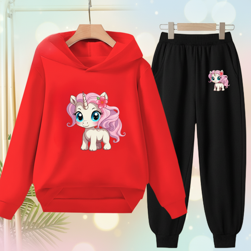 red unicorn hoodie set - lifestyle