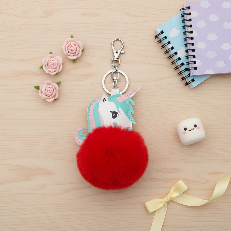 red unicorn keychain - flat-lay