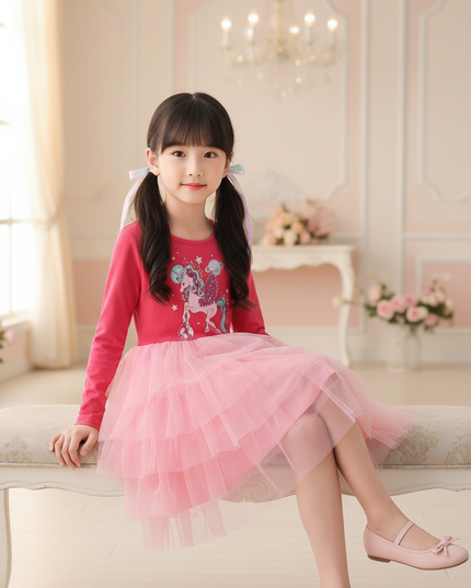 red unicorn patchwork star dress - sitting