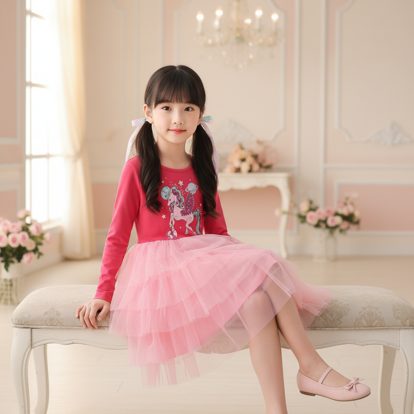red unicorn patchwork star dress - sitting