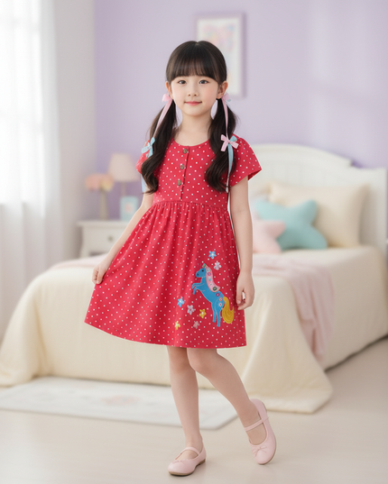 red unicorn polka dot dress - front