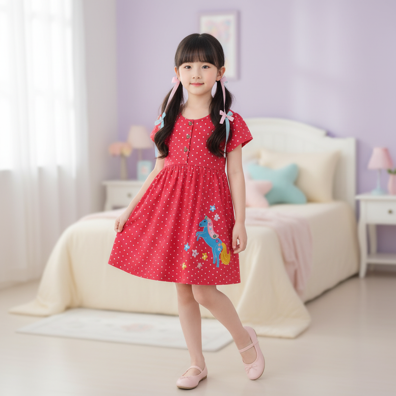 red unicorn polka dot dress - front