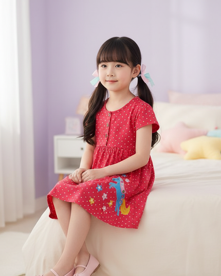 red unicorn polka dot dress - sitting