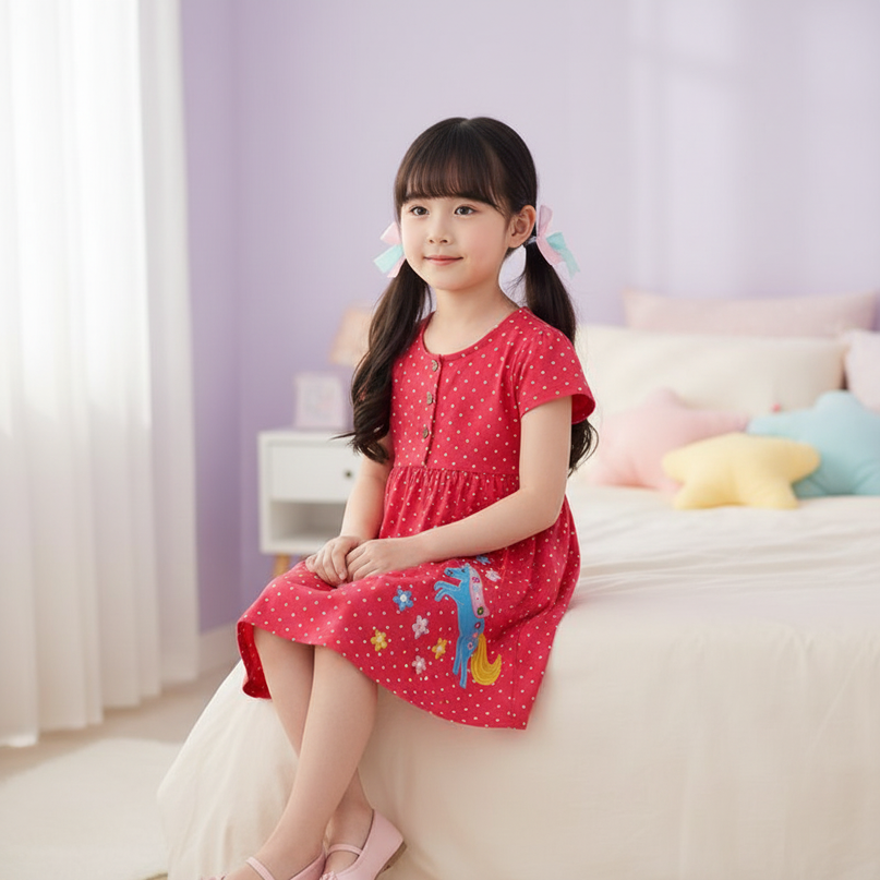 red unicorn polka dot dress - sitting