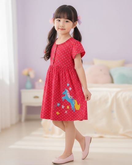 red unicorn polka dot dress - three-quarter