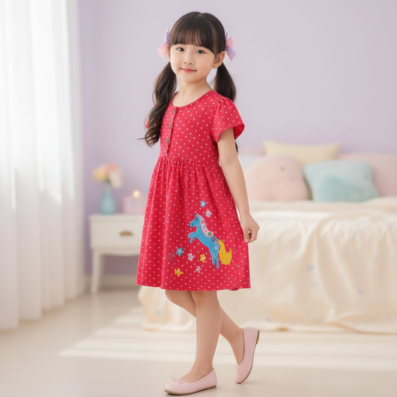 red unicorn polka dot dress - three-quarter