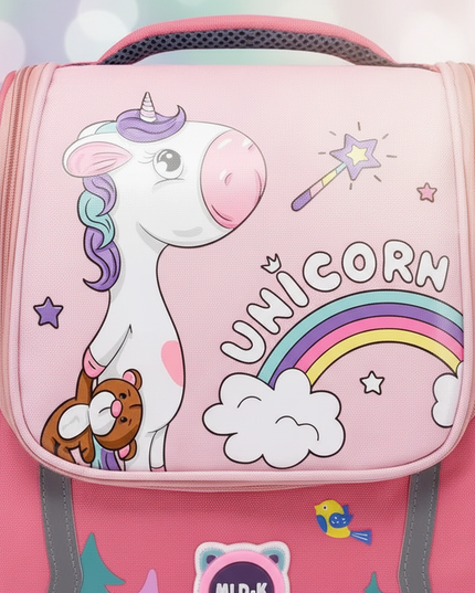 red unicorn school backpack girls - detail