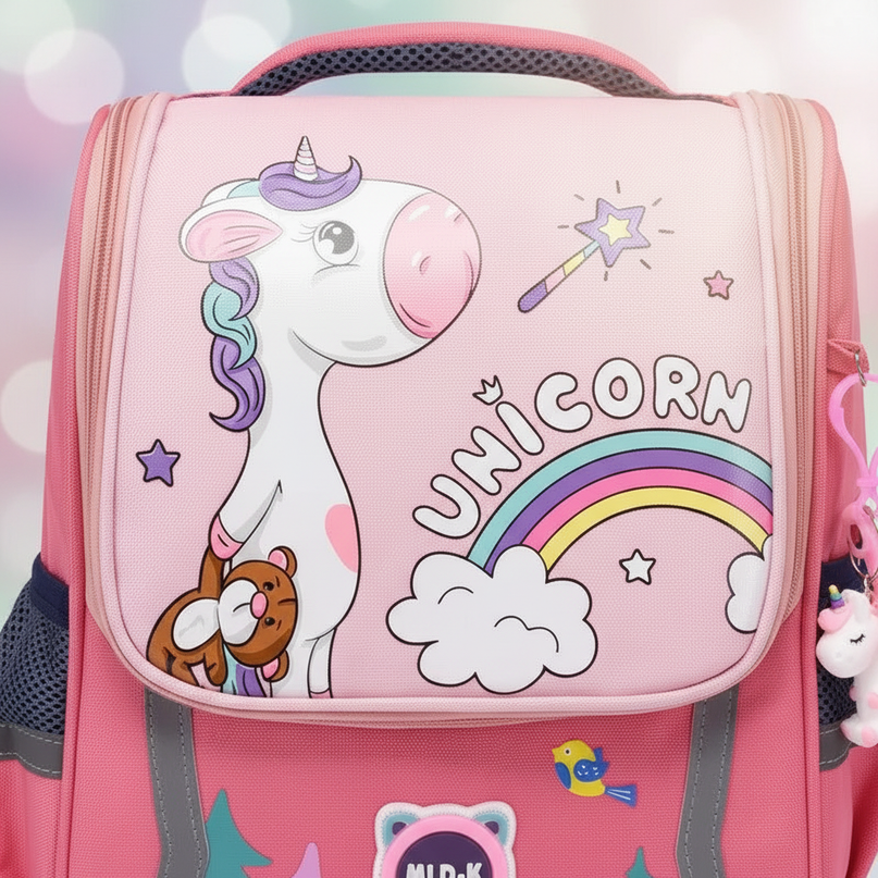 red unicorn school backpack girls - detail