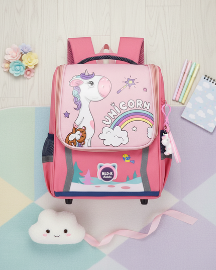 red unicorn school backpack girls - flat-lay