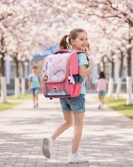 red unicorn school backpack girls - in-use