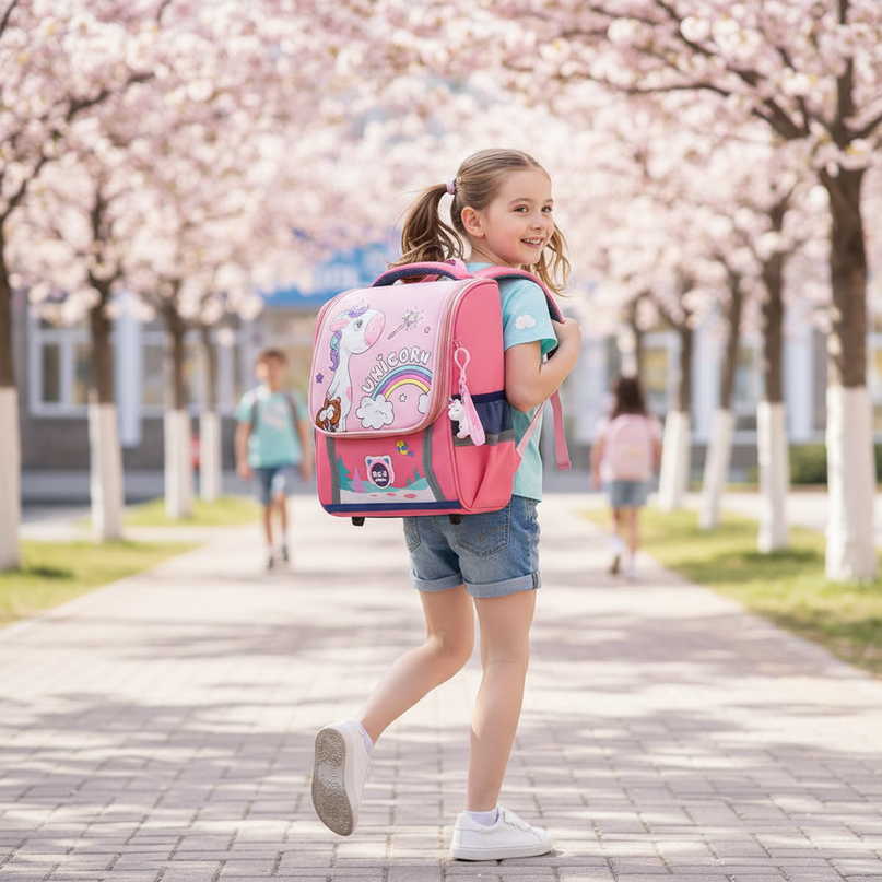 red unicorn school backpack girls - in-use