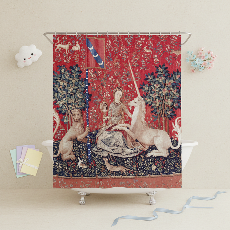 red unicorn shower curtain - flat-lay