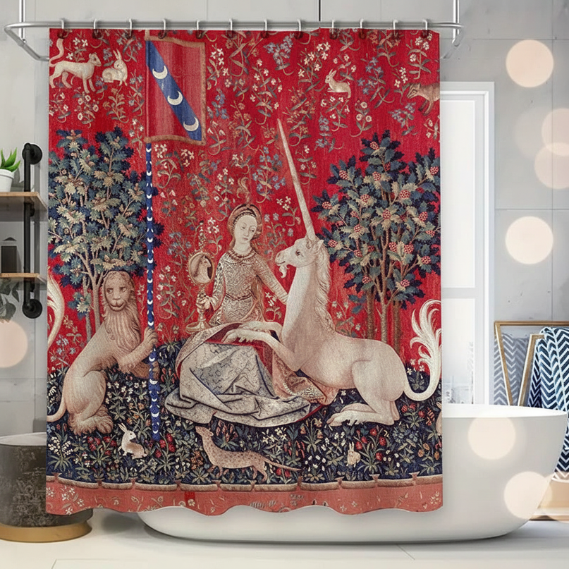 red unicorn shower curtain - lifestyle