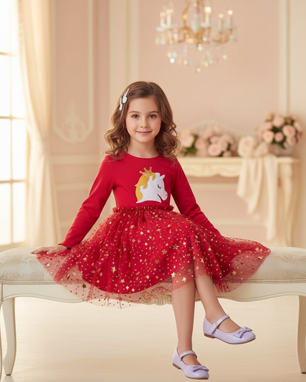 red unicorn star tutu dress - sitting