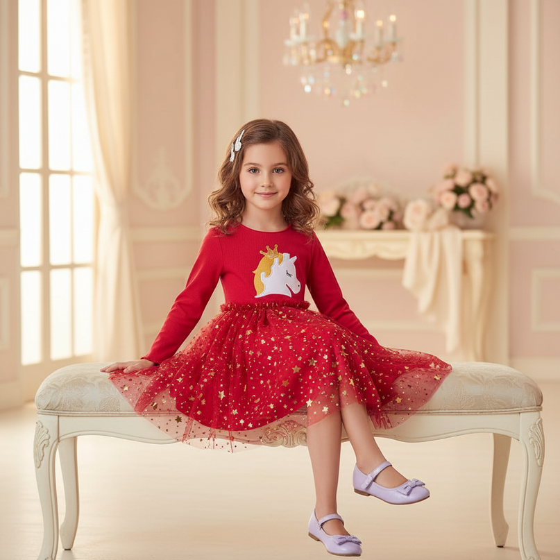 red unicorn star tutu dress - sitting
