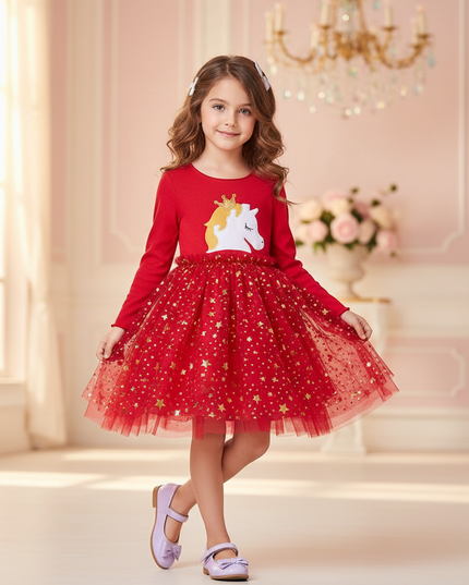 red unicorn star tutu dress - three-quarter
