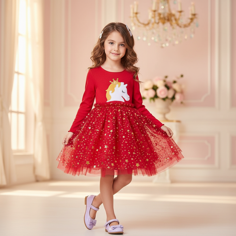 red unicorn star tutu dress - three-quarter