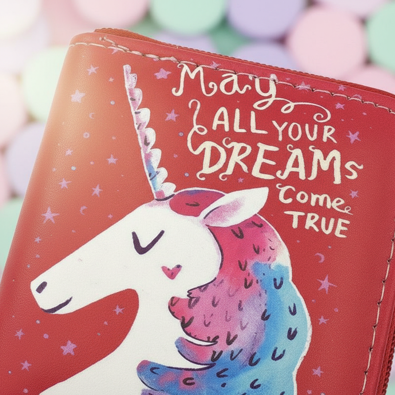 red unicorn wallet - detail